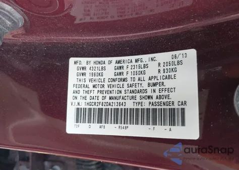 2013 Honda Accord Ex-L z USA, uszkodzony, nr VIN 1HGCR2F82DA213643